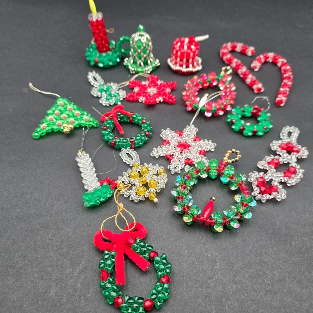 Vintage Handmade Beaded Christmas Ornaments Lot Wreaths Candy Canes Snowflakes